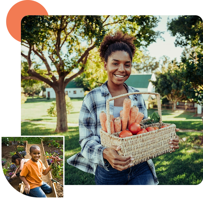 A woman holding a basket of vegetables in her hands.