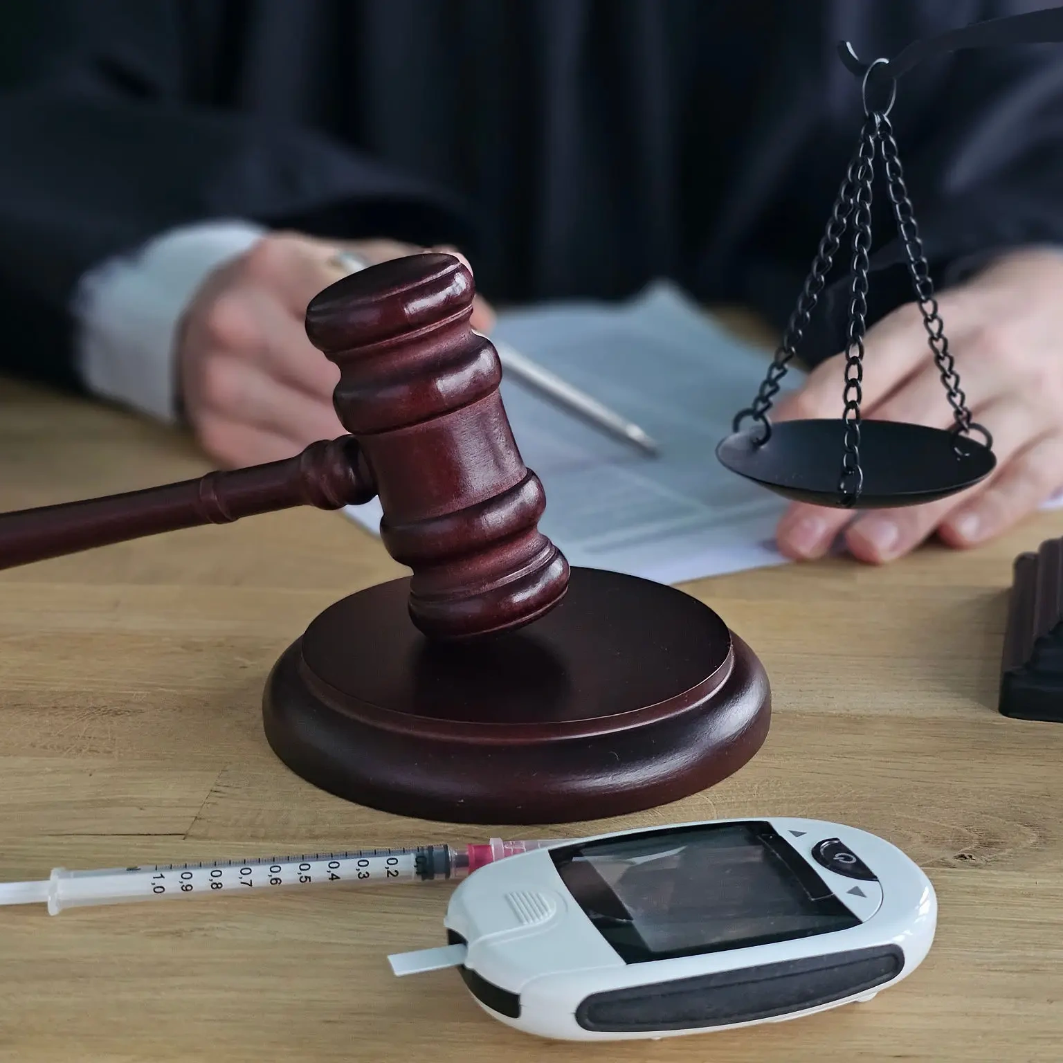 Gavel, scales, and medical equipment on table