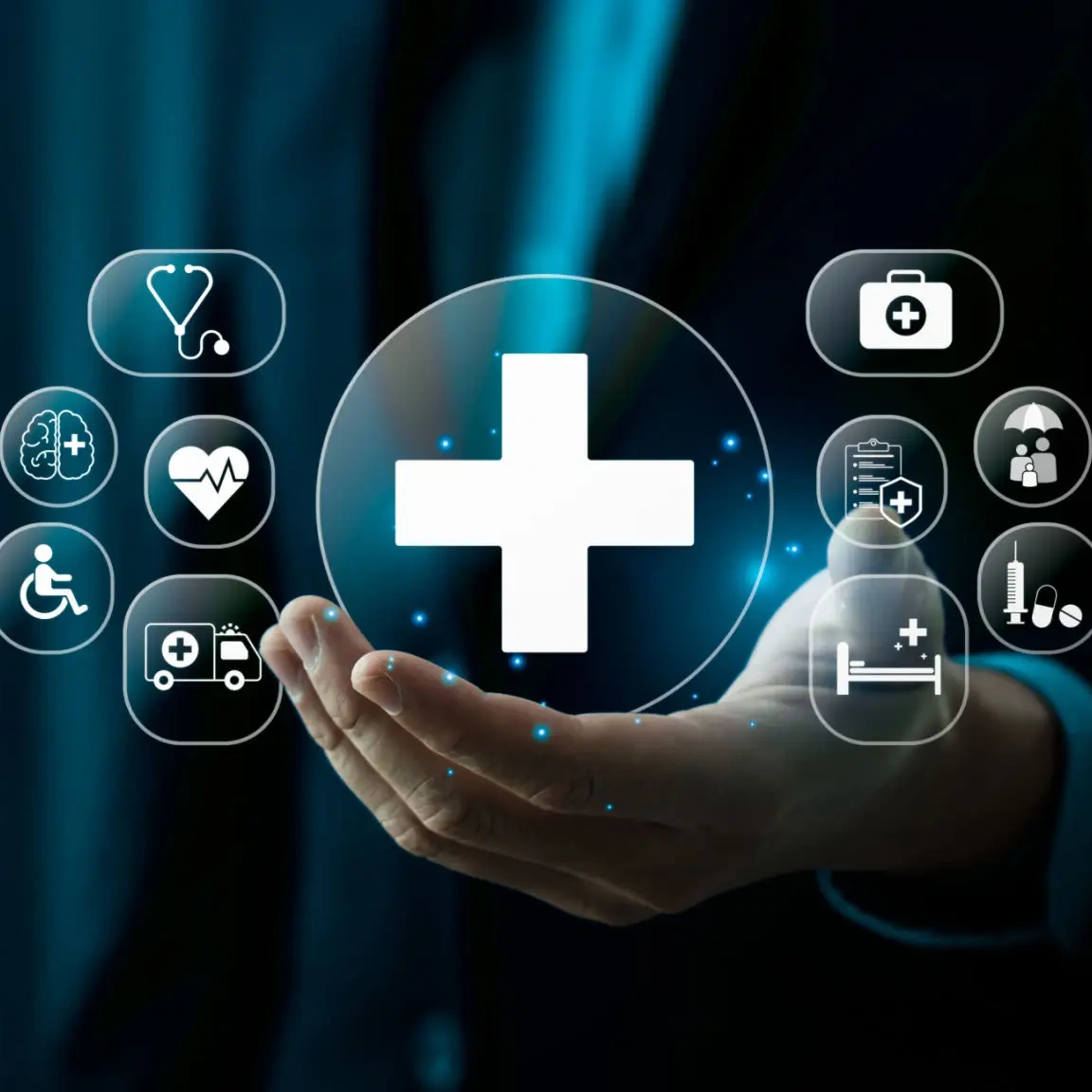 Digital healthcare interface with various icons