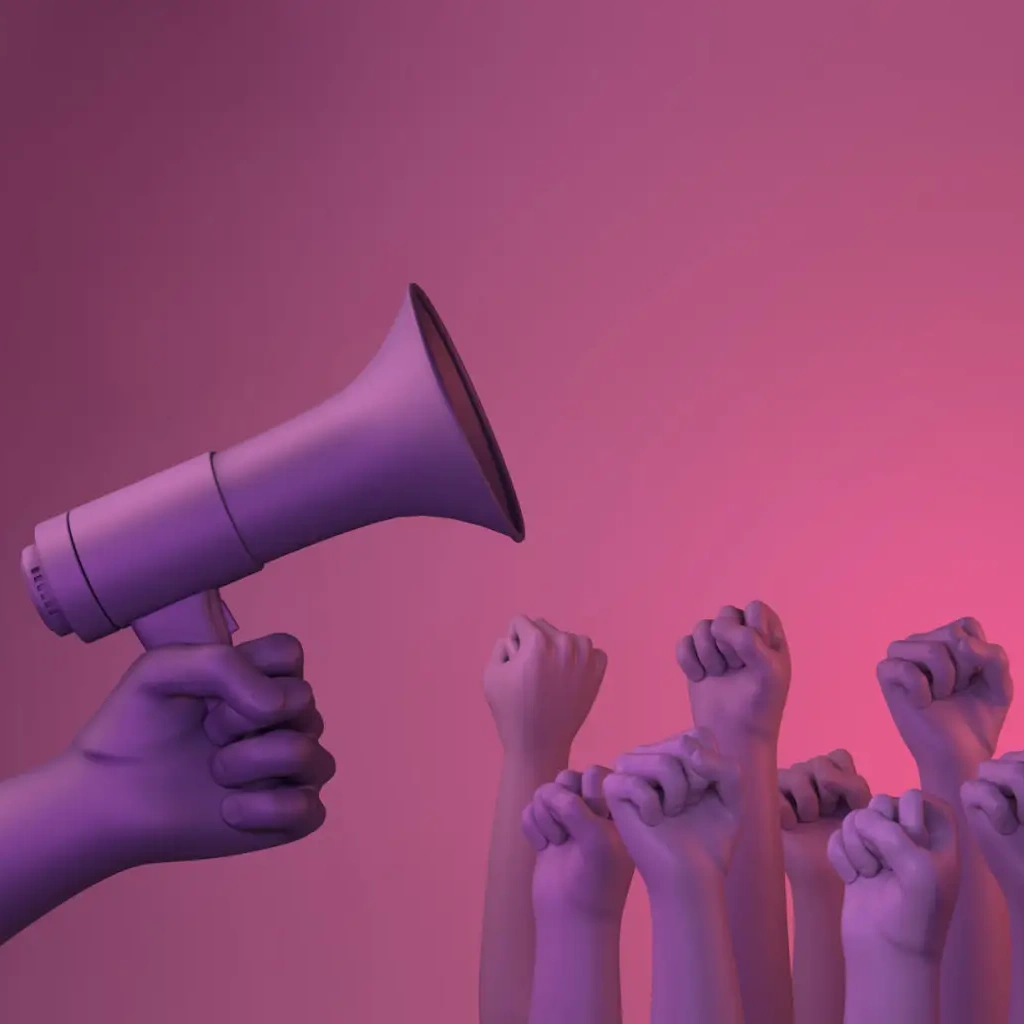 Megaphone and raised fists in protest